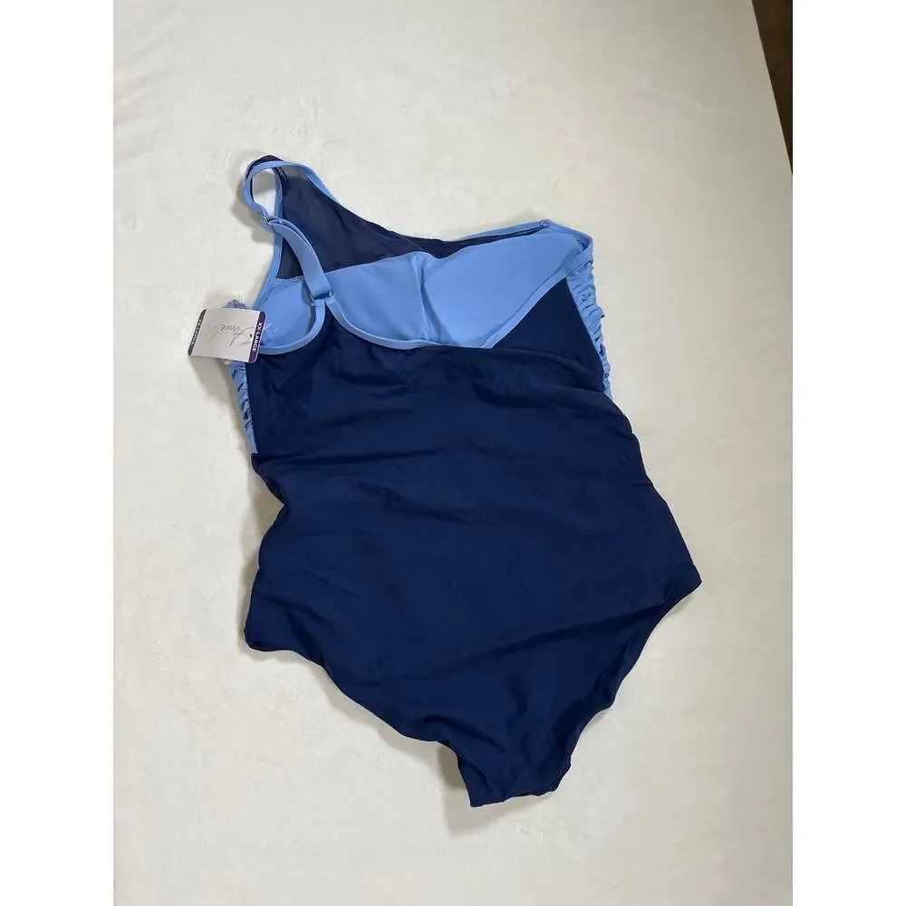 Anna Cole One Shoulder Colorblock Swimsuit Women’s XXL Blue Mesh Panel NWT